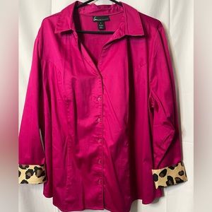 Lane Bryant Size 22 pink fuchsia leopard animal print cuff blouse button up.